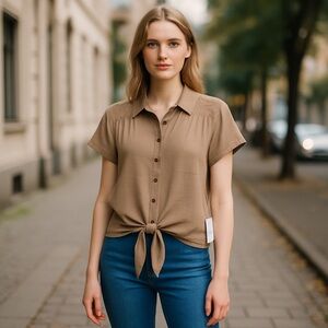 Croft & Barrow Tan Cap Sleeve Tie Front, buttons down shirt, size M.